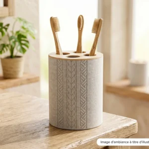 Porte-brosse à dents Manaora effet pierre, motifs polynésiens gravés en relief et couvercle ton bois, imprimé en 3D à Tahiti