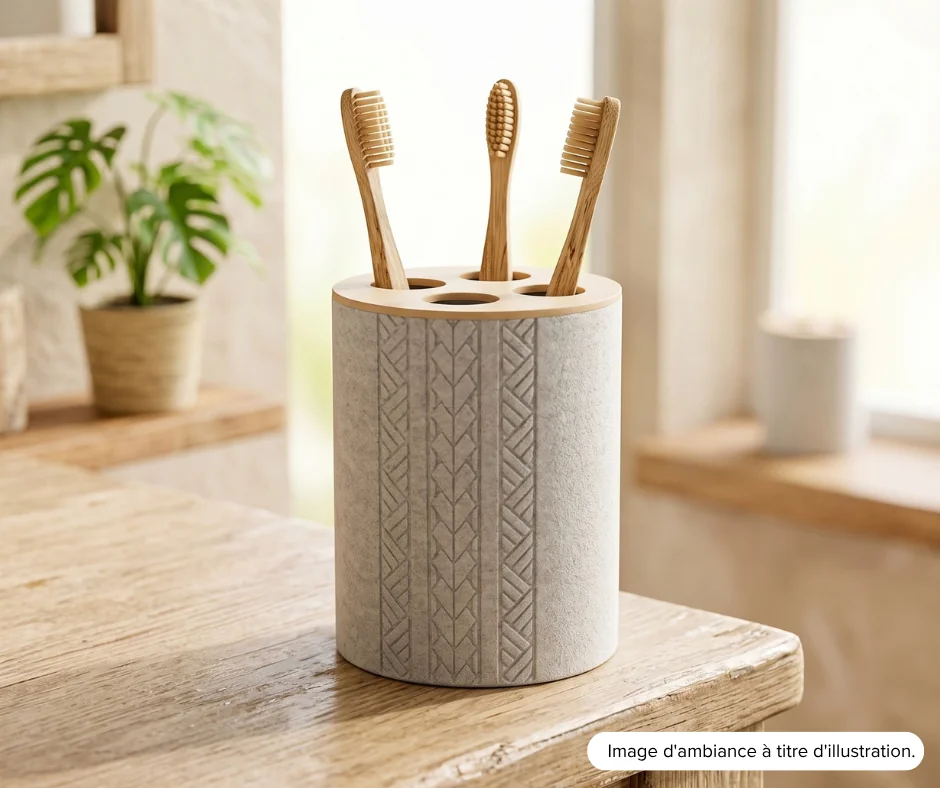 Porte-brosse à dents Manaora effet pierre, motifs polynésiens gravés en relief et couvercle ton bois, imprimé en 3D à Tahiti