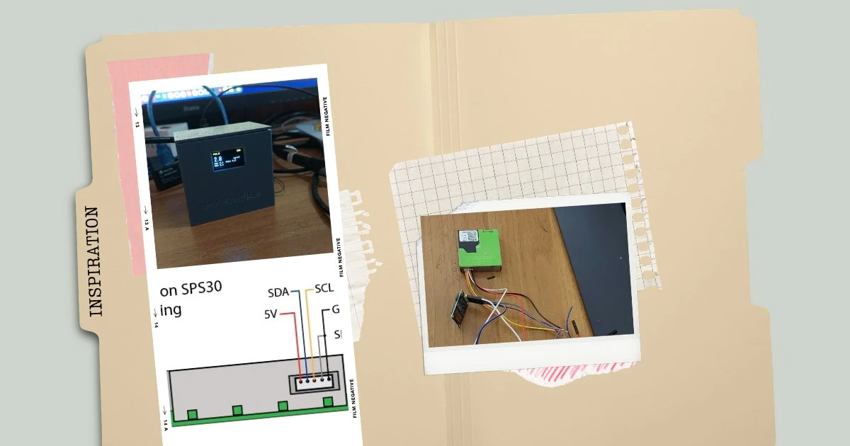 Boîtier du détecteur de qualité de l'air imprimé en 3D avec écran OLED, capteur SPS30 et schéma de câblage — projet open source Manaora